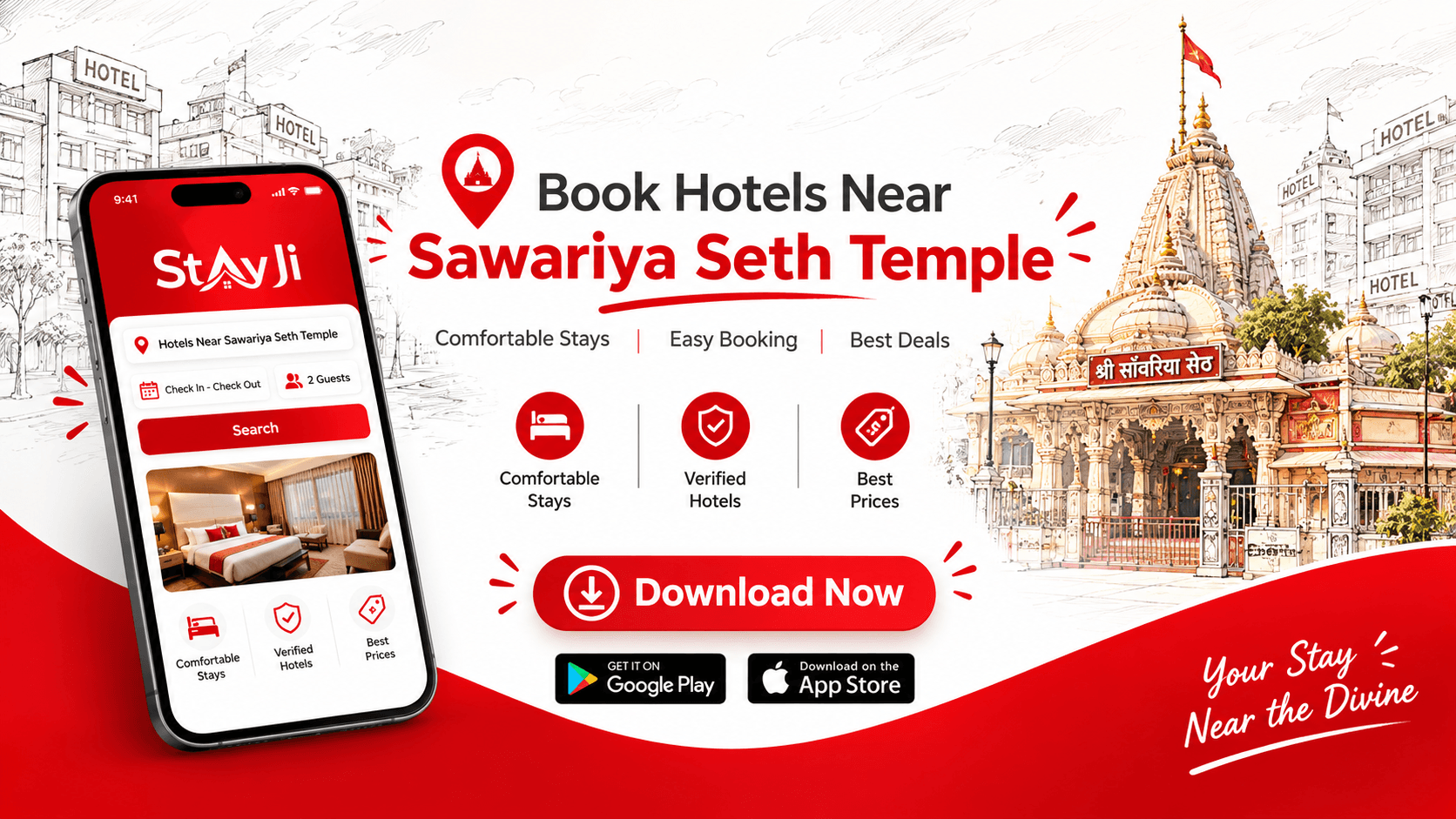 Download the Stayji app for hotel bookings near Sanwariya Seth Temple